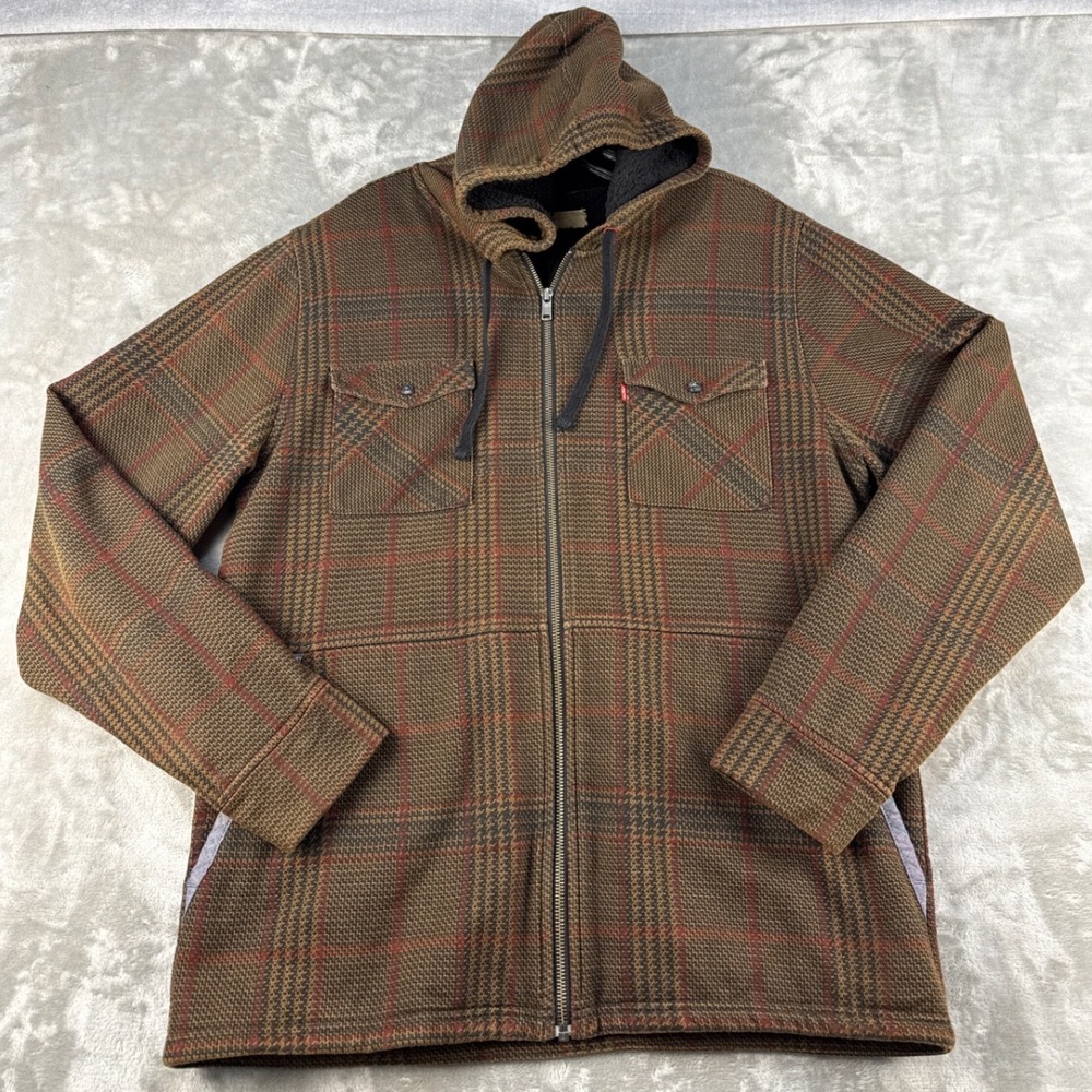 Levi's Jacket Mens Large Hooded Sherpa Lined Brown Plaid Full Zip EUC - Picture 1 of 8
